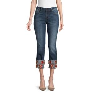 Driftwood Colette Floral Embroidery Straight Cropped Blue Jeans, size 26